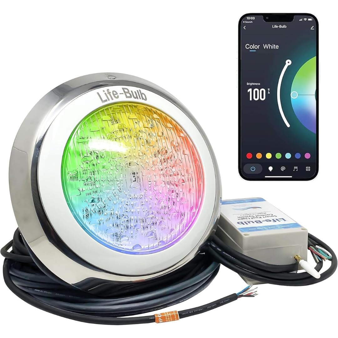 Life-Bulb Smart Pool LED Light front view with stainless steel finish