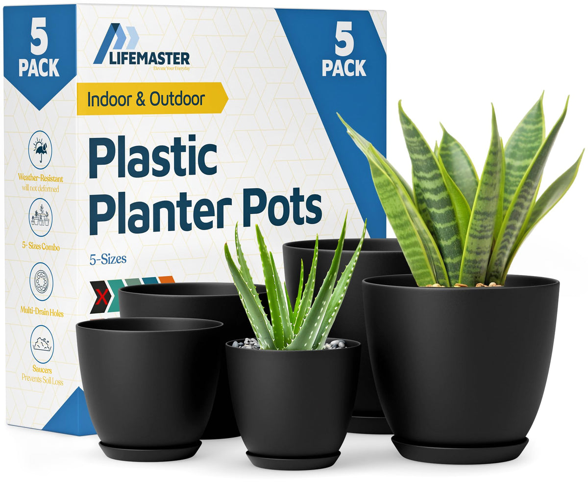 Lifemaster Plant Pots set of 5 in black with varied sizes