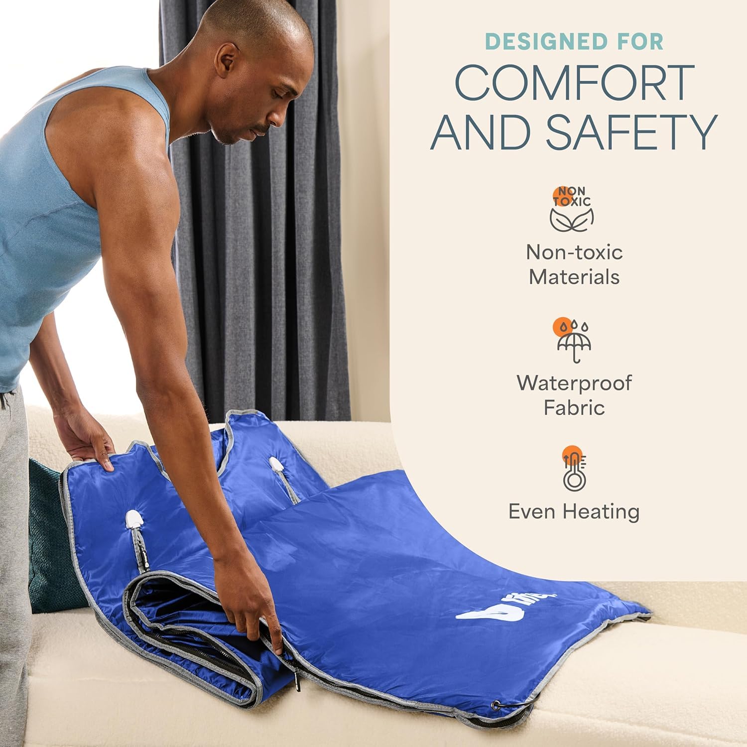 Lifepro BioRemedy Infrared Sauna Blanket in use with arms extended