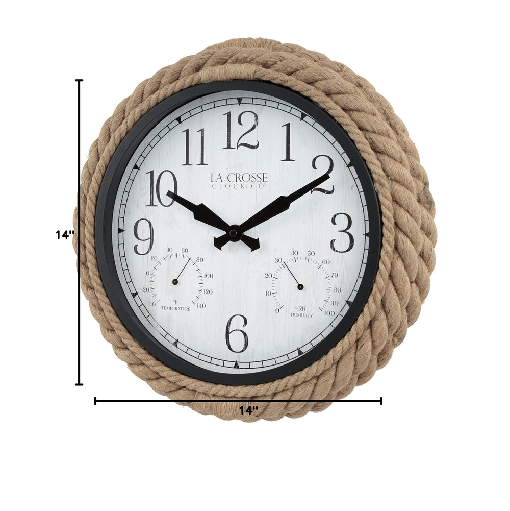 Lifestyle image of La Crosse 14-inch Rowan wall clock in a garden setting