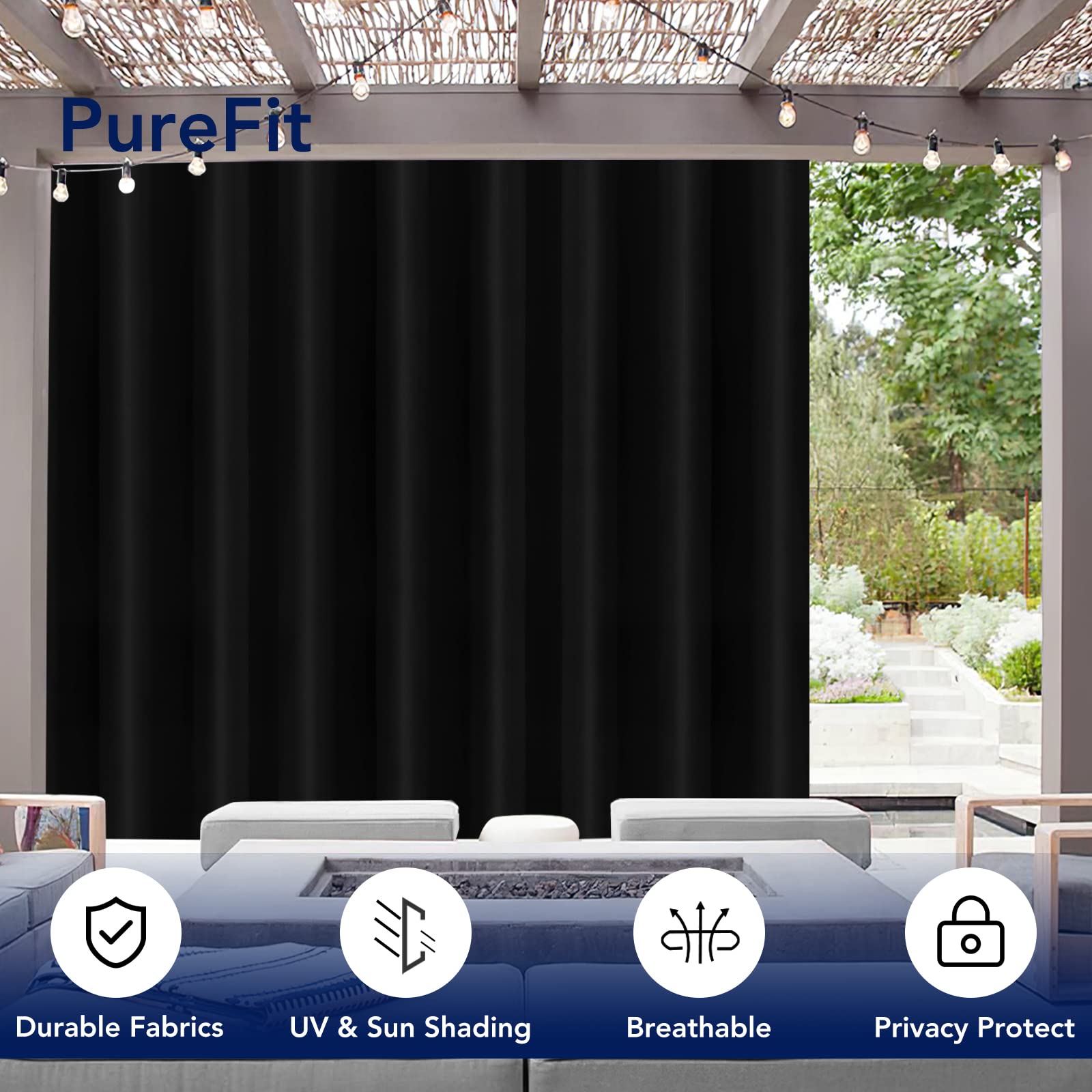 Lifestyle image of PureFit outdoor curtains on a patio
