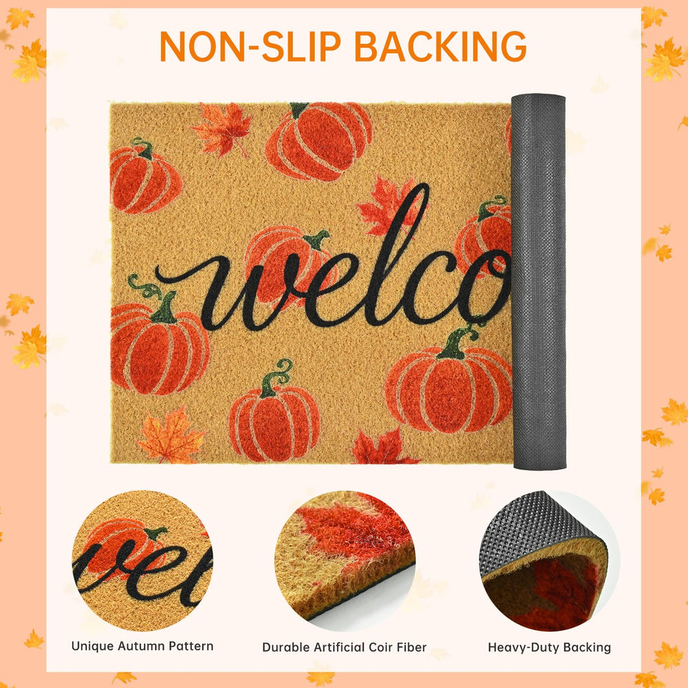 Lifestyle image of the ULTSOFE doormat in a fall-themed outdoor setting