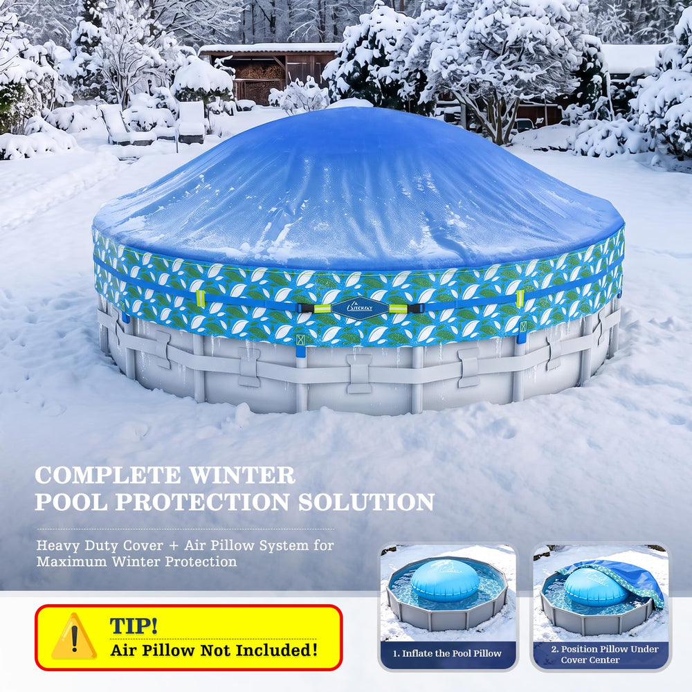 Lifestyle image of UIRWAY pool cover over a winterized pool