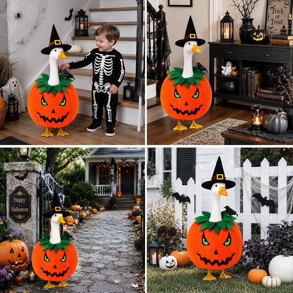 Lifestyle image showing the pumpkin goose outfit in a garden setting