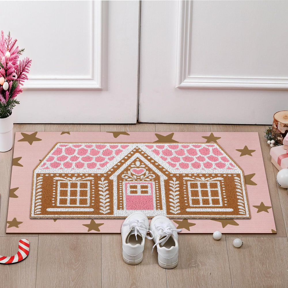 Lifestyle scene featuring Drydiet Gingerbread Front Door Mat at a festive entryway