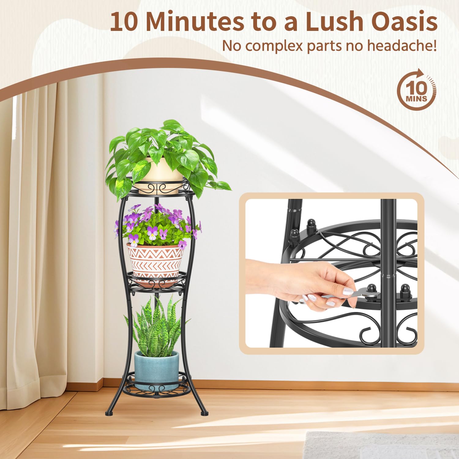Lifestyle scene featuring LASZOLA 3-Tier Metal Corner Plant Stand in a garden