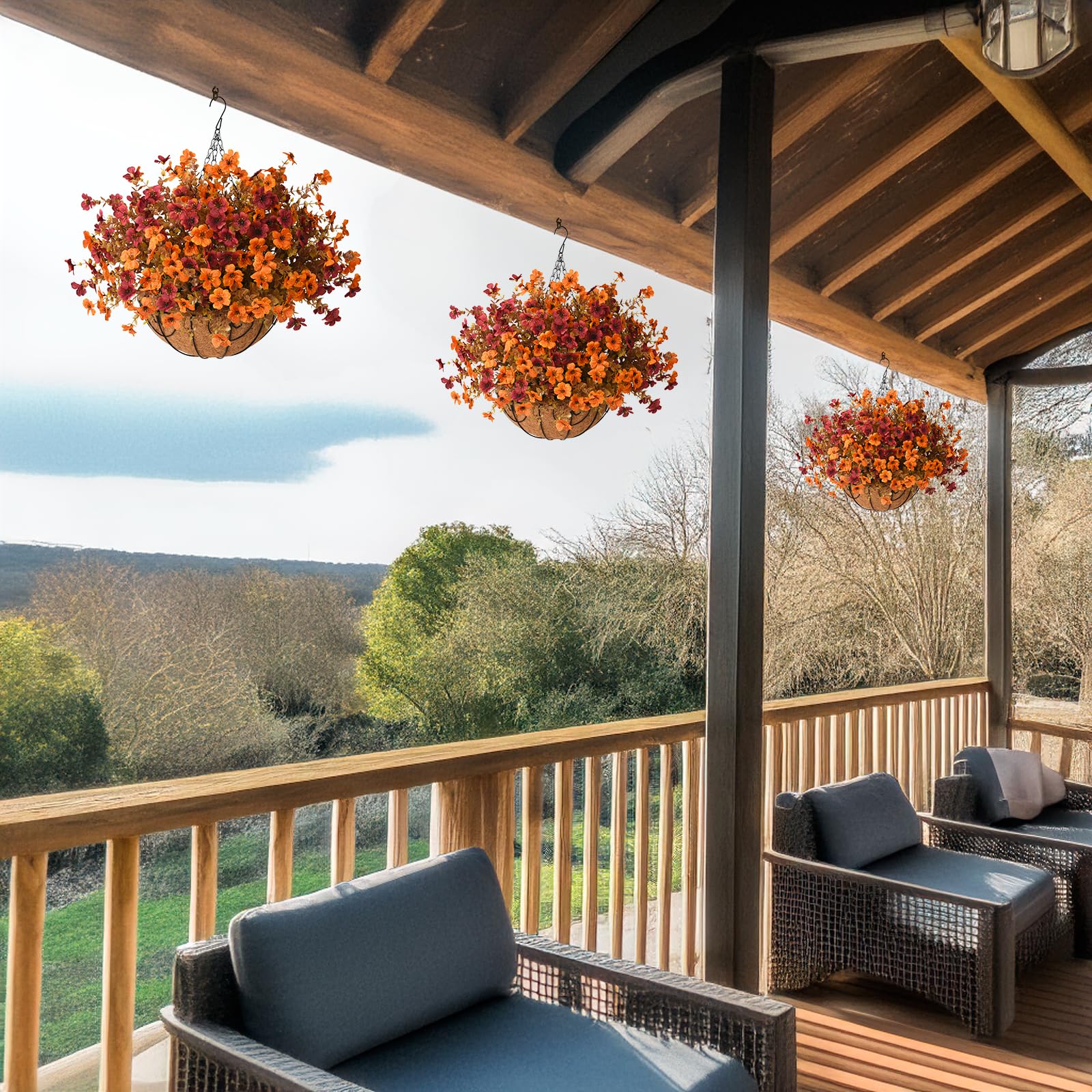 Lifestyle scene featuring the hanging flowers basket in a garden