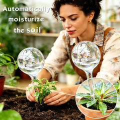 Lifestyle scene featuring Wellinc self watering globes in a garden