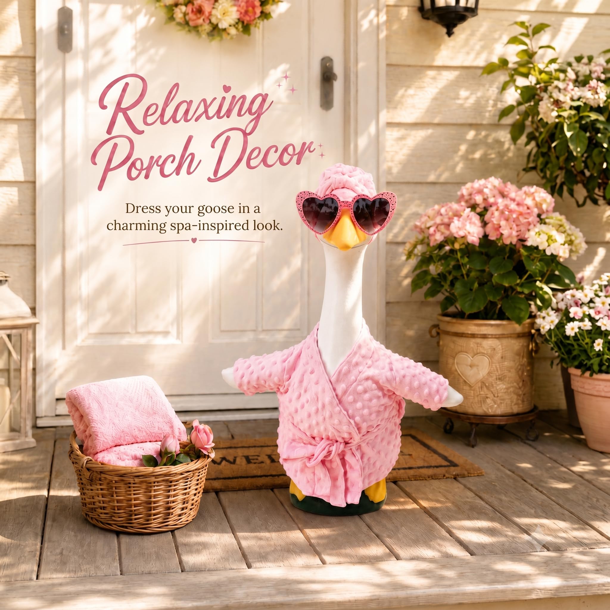 Lifestyle scene of garden goose wearing bathrobe