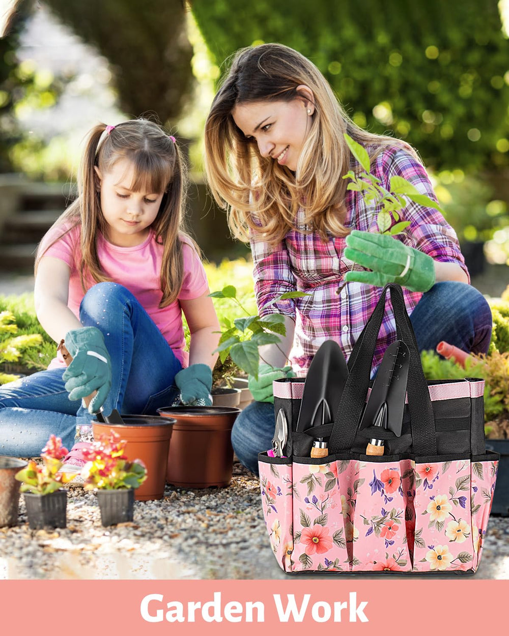 Lifestyle scene of LANNIU pink gardening tools in use in a garden