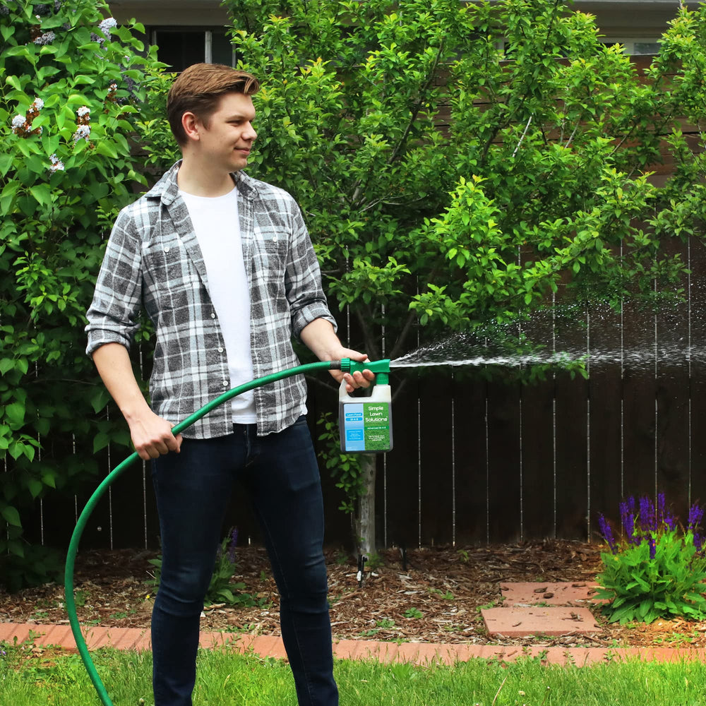 Lifestyle scene of Simple Lawn Solutions 16-4-8 Liquid Fertilizer applied on a green lawn