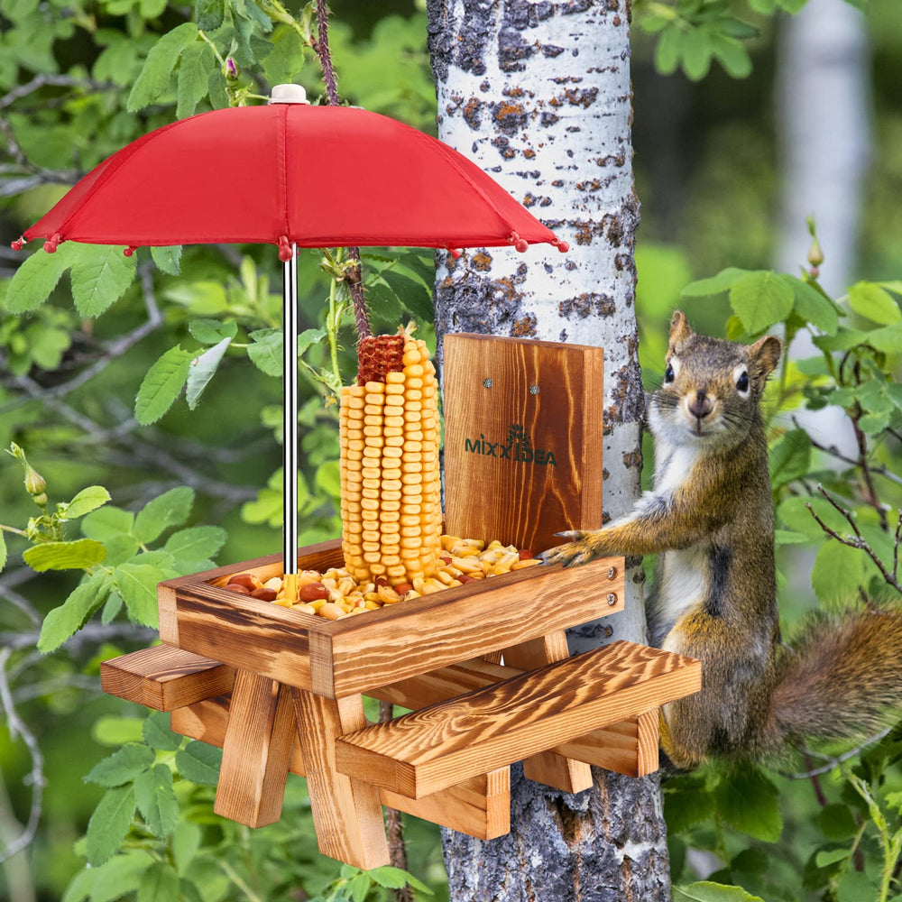 Lifestyle scene of squirrels feeding at MIXXIDEA Picnic Table