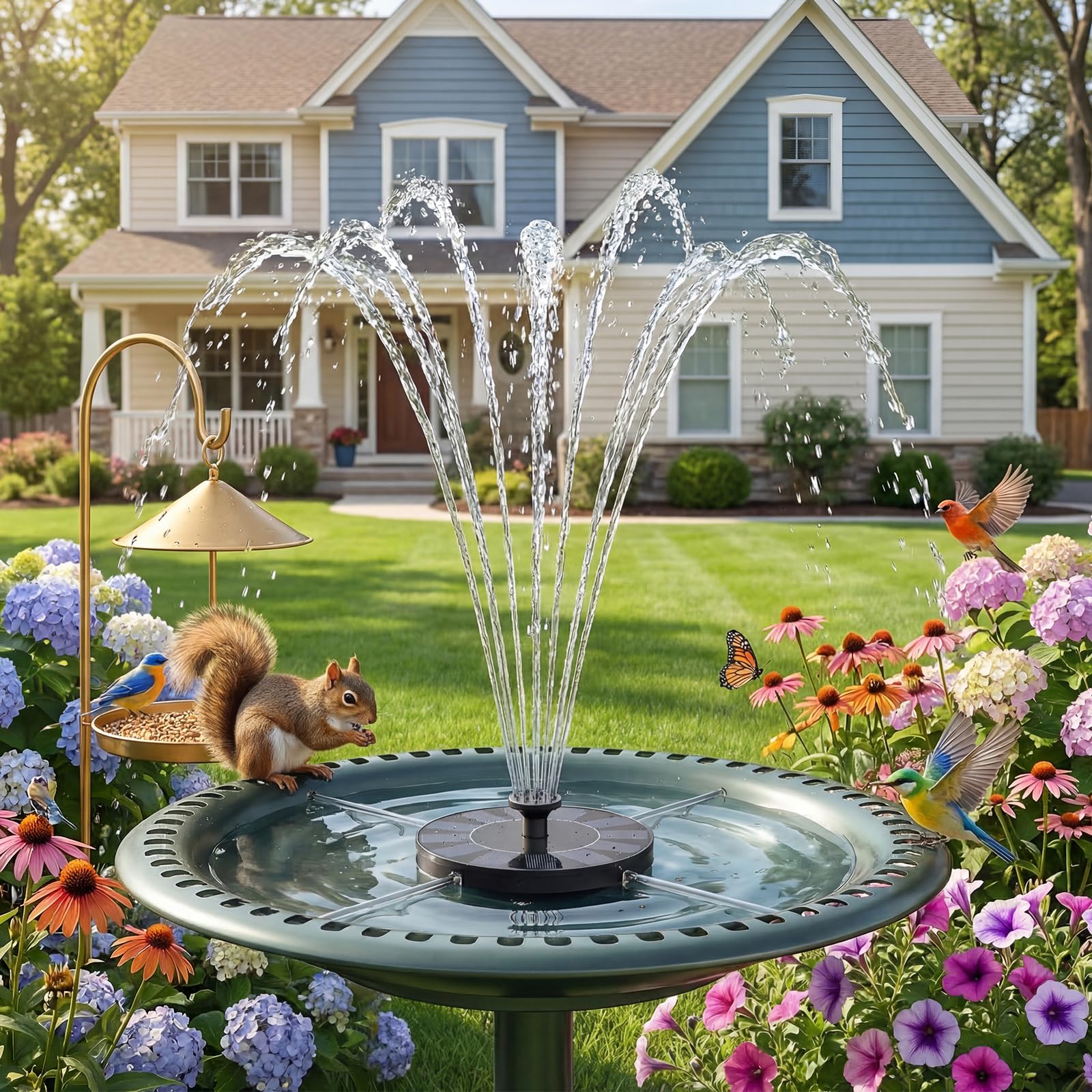 Lifestyle scene with AISITIN solar fountain in a garden