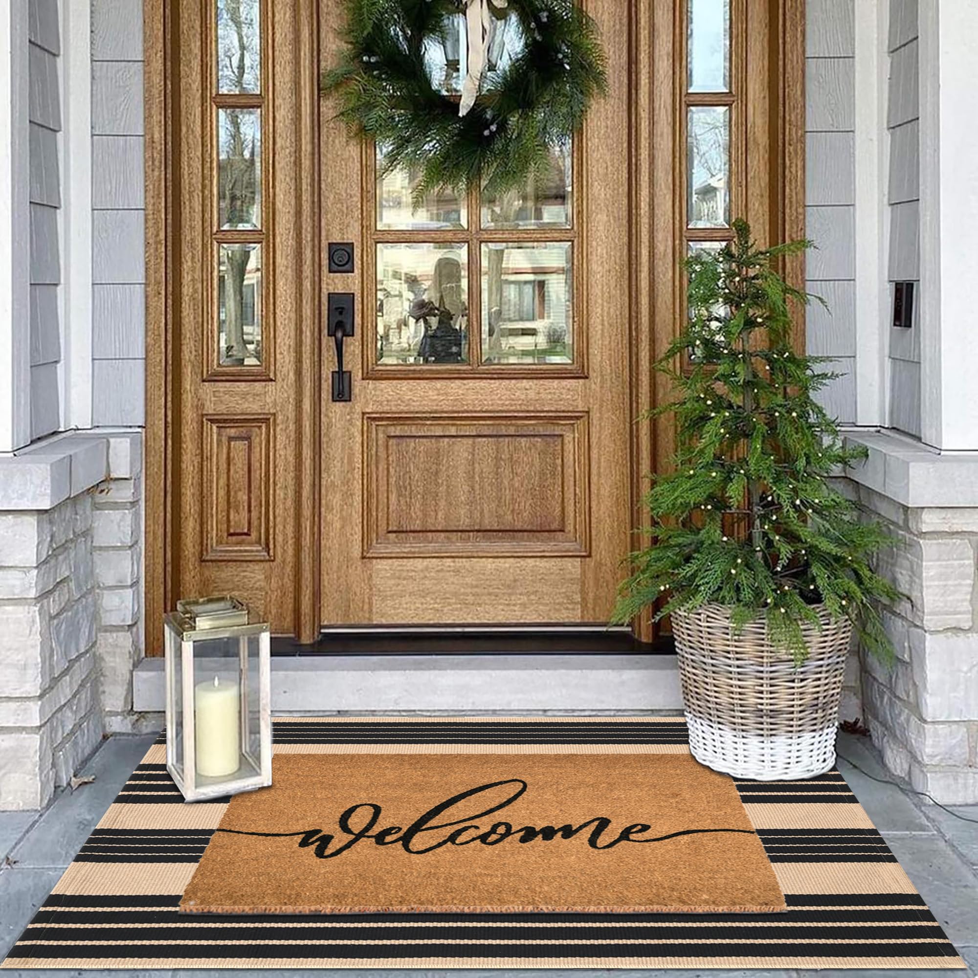 Lifestyle scene with Fallovea mats at home entrance