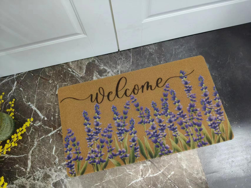 Lifestyle scene with FGSS Lavender Welcome Doormat at a garden entrance