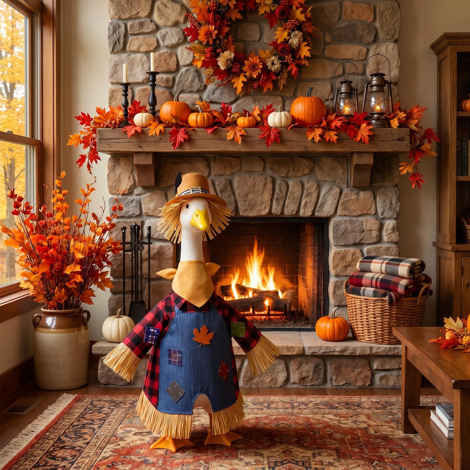 Lifestyle scene with Hodola scarecrow outfit improving autumn garden decor