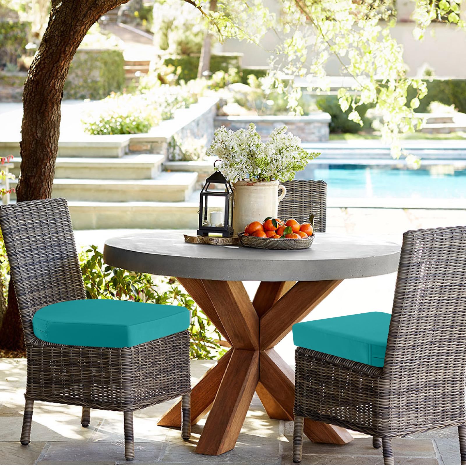 lifestyle scene with idee-home outdoor chair cushions on patio
