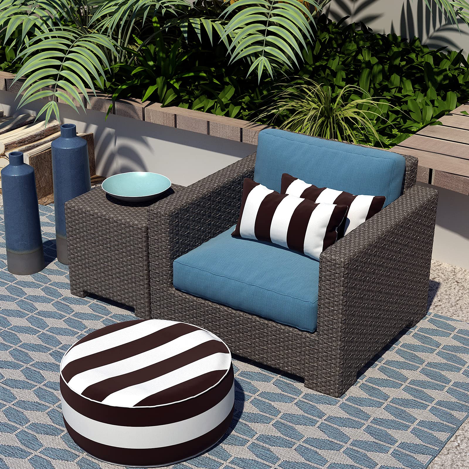 Lifestyle scene with LVTXIII lumbar pillow covers on patio furniture