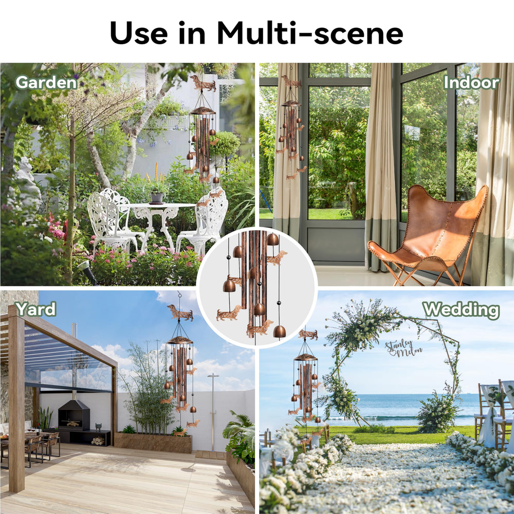 Lifestyle scene with Nowpis Dachshund Wind Chimes in a serene outdoor area
