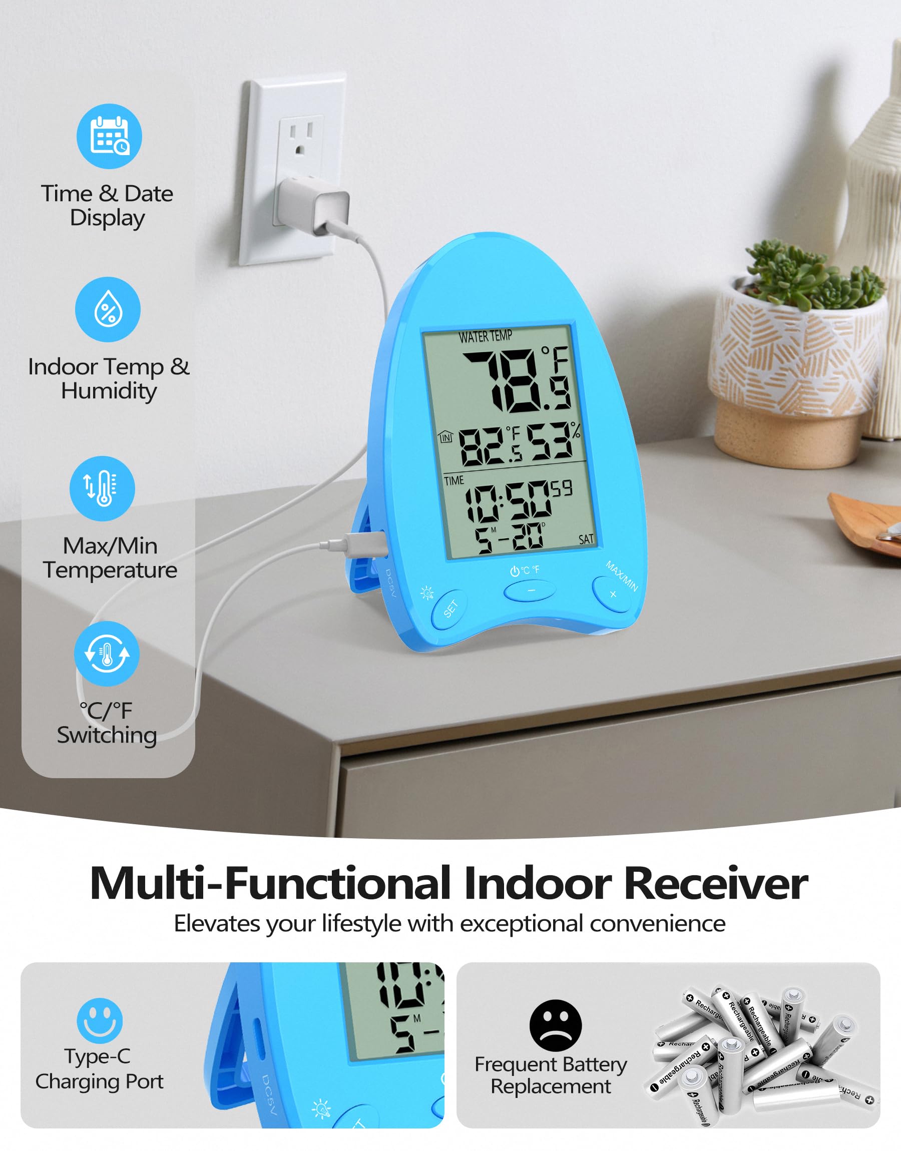 Lifestyle scene with PoolLeader thermometer by the pool during the day