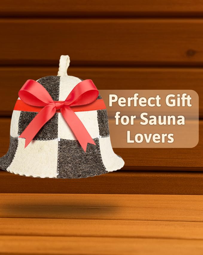 Lifestyle scene with SHSH trade group Wool Sauna Hat in a sauna