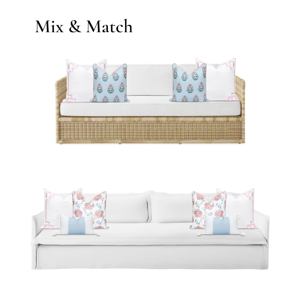 Lifestyle setting with Hofdeco Premium Coastal Throw Pillow Cover on a patio bench