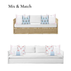Lifestyle setting with Hofdeco Premium Coastal Throw Pillow Cover on a patio bench