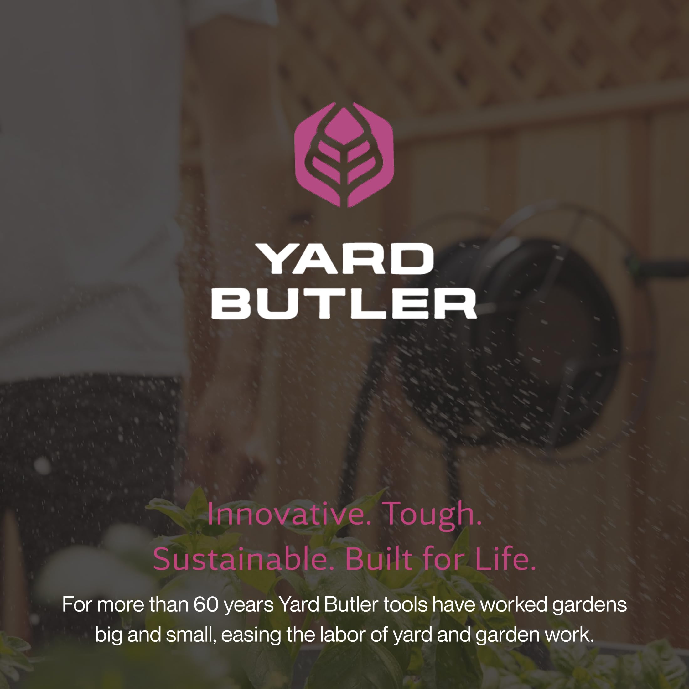 Lifestyle shot of a garden featuring the hose reel