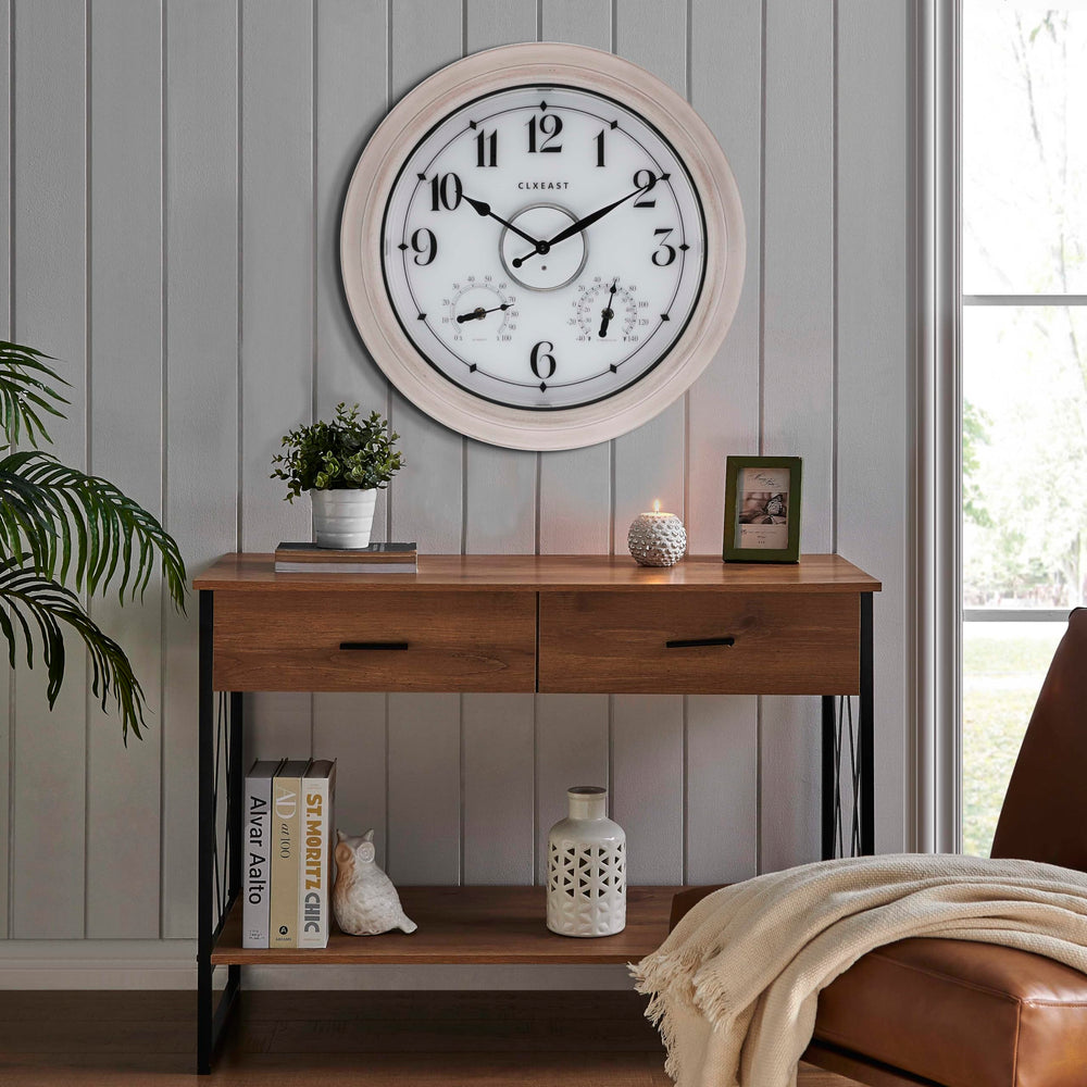 Lifestyle shot of CLXEAST outdoor clock on a modern farmhouse porch