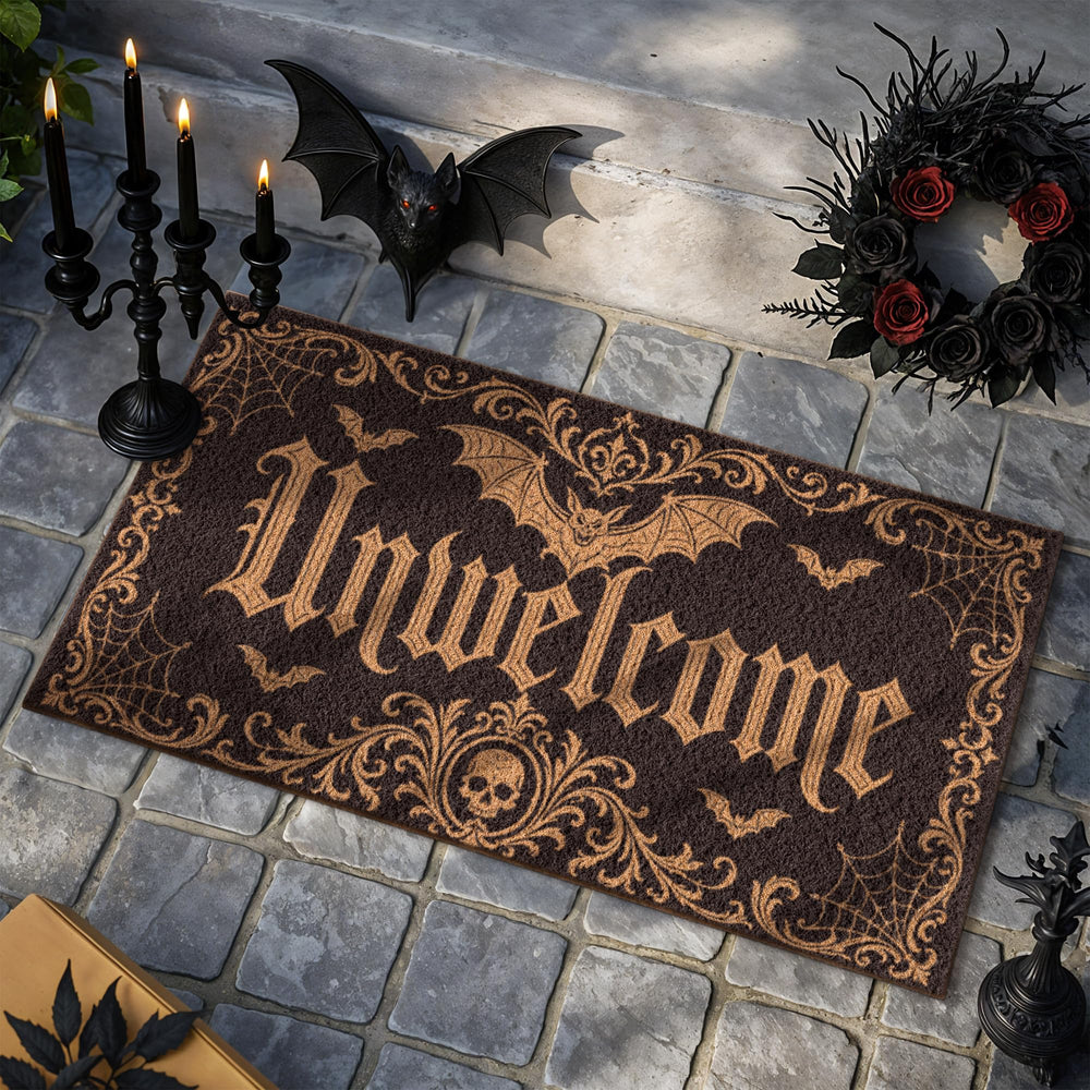 Lifestyle shot of Fttoyoly doormat complementing gothic-themed entryway