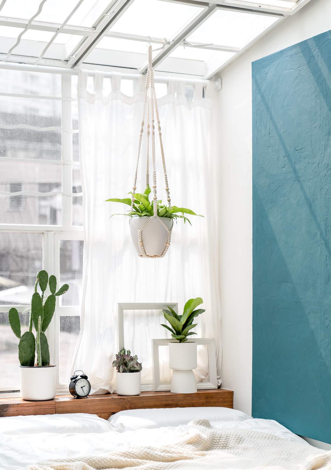 Lifestyle shot of Mkono 43 inch macrame plant hanger in a modern home