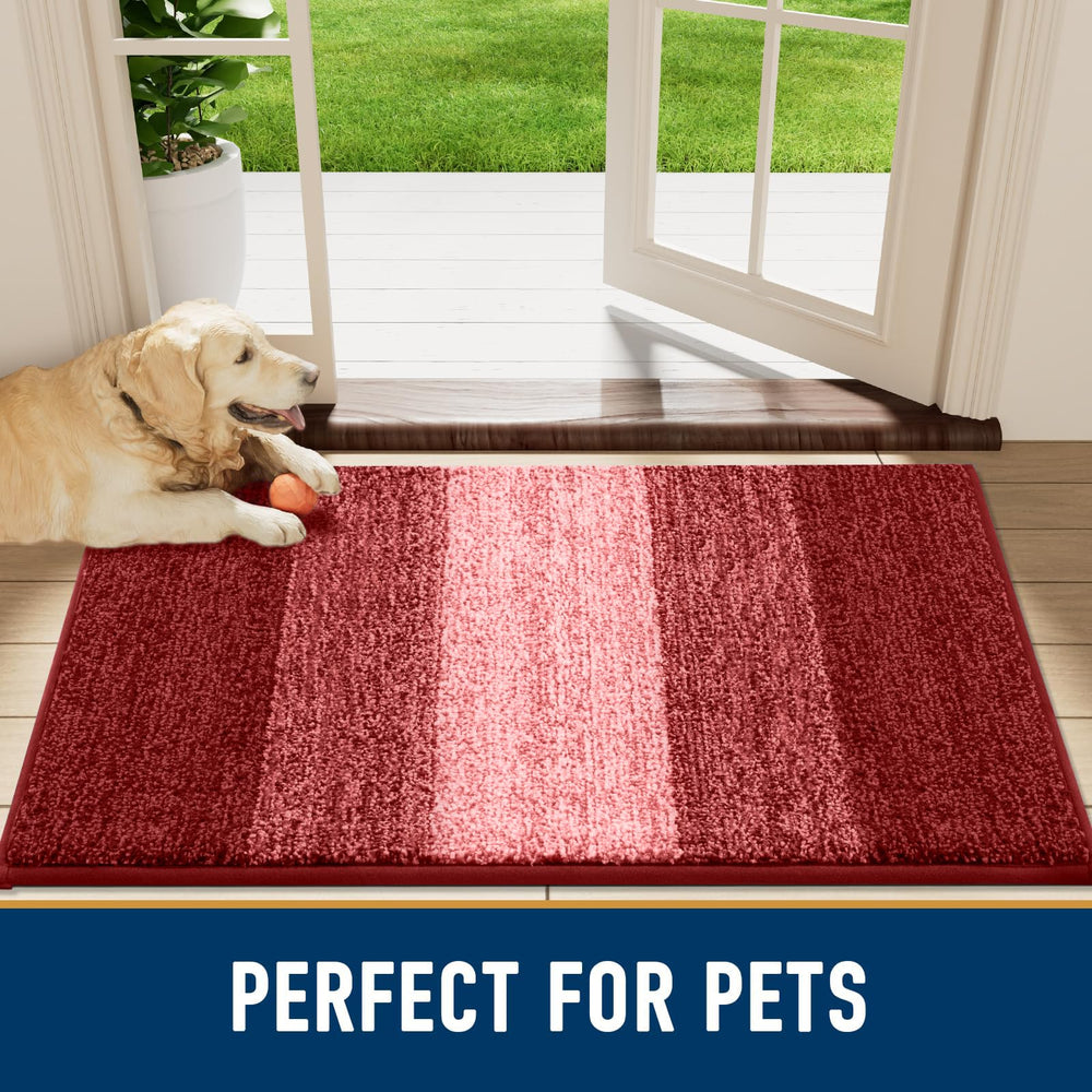 Lifestyle shot of Smiry Dog Door Mat with pet bowls