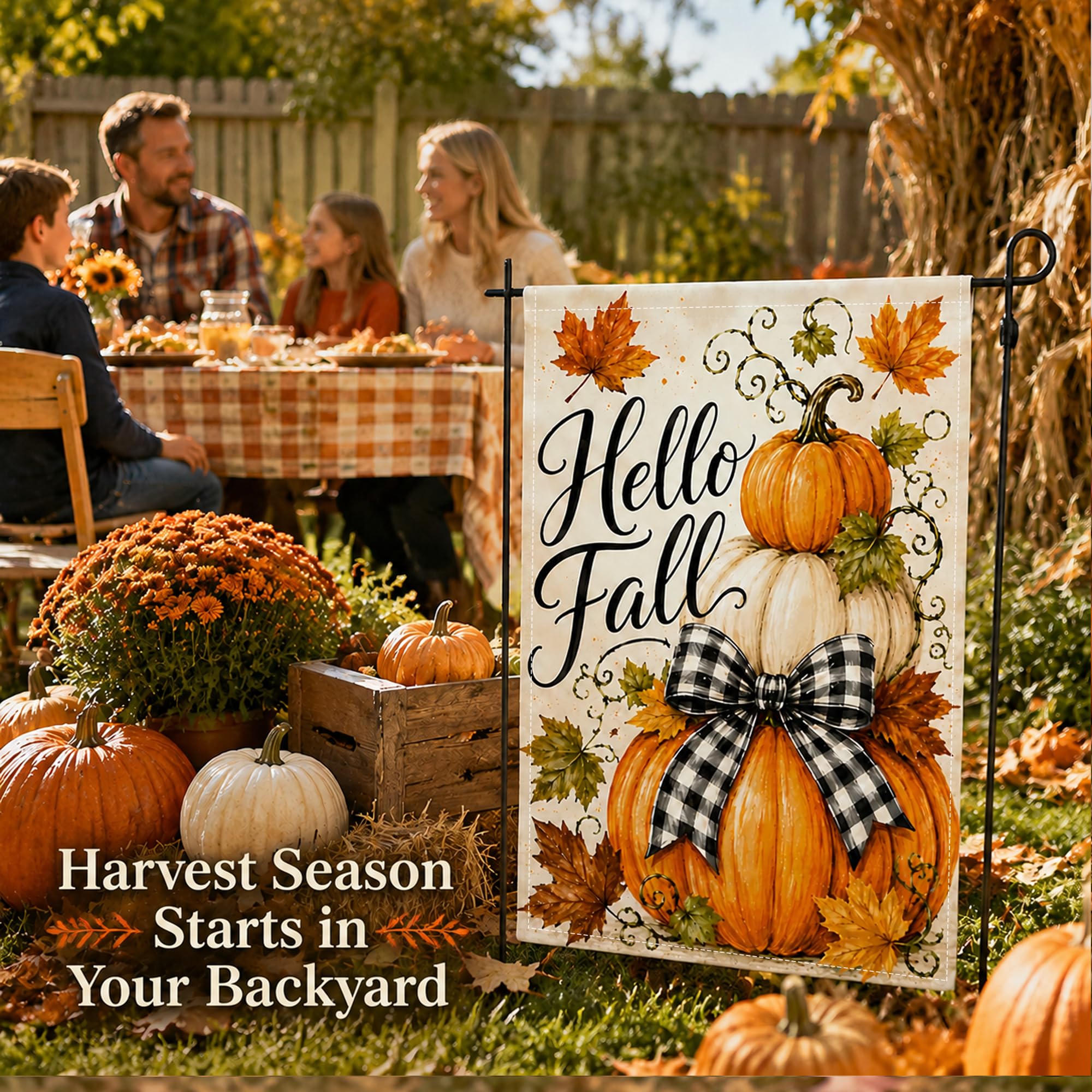 Lifestyle shot of the Hello Fall Garden Flag on a porch