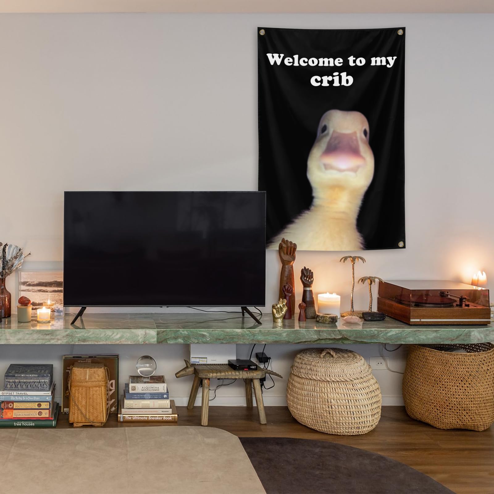 Lifestyle shot of XEODE Welcome to My Crib Flag at a party