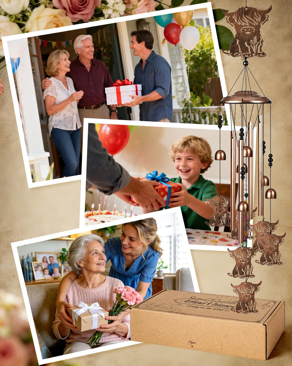 Lifestyle view of SUNCKET Highland Cow Wind Chime on a porch