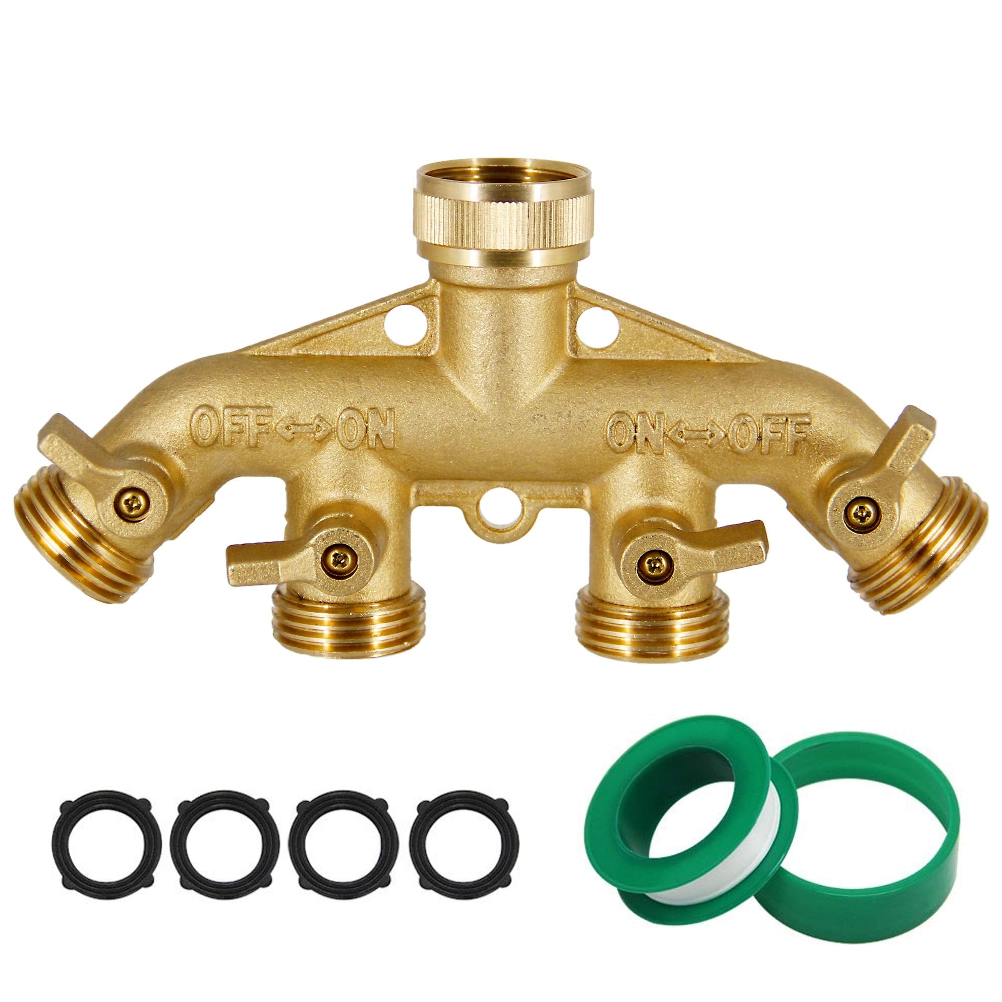 Lifynste 4 Way Brass Hose Splitter front view with connectors