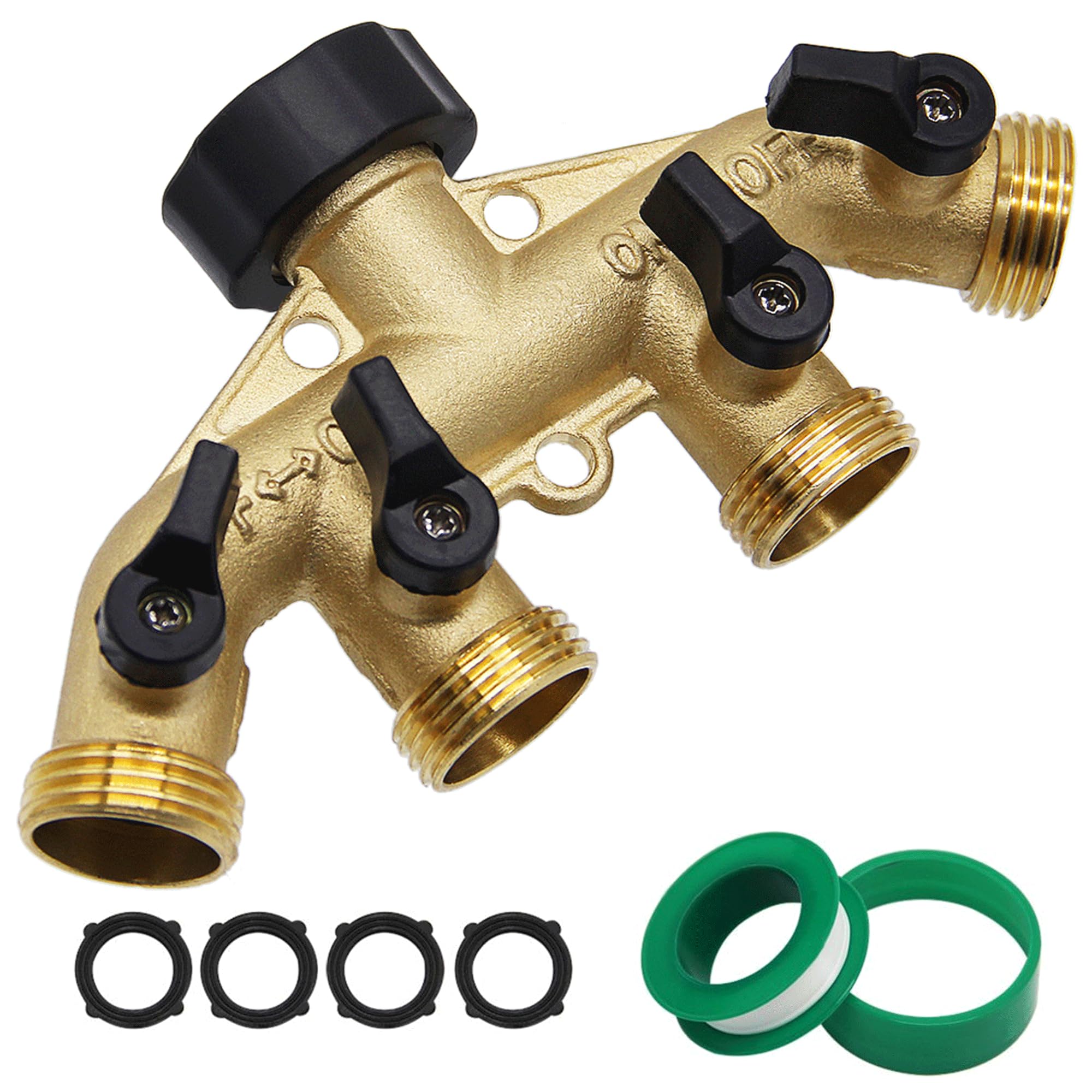 Lifynste 4 Way Brass Hose Splitter front view with valves
