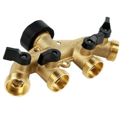 Lifynste 4 Way Brass Hose Splitter showing individual shut-off valves