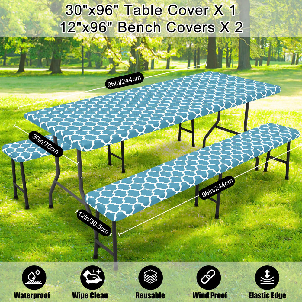 Light blue picnic table cover displayed on a garden table