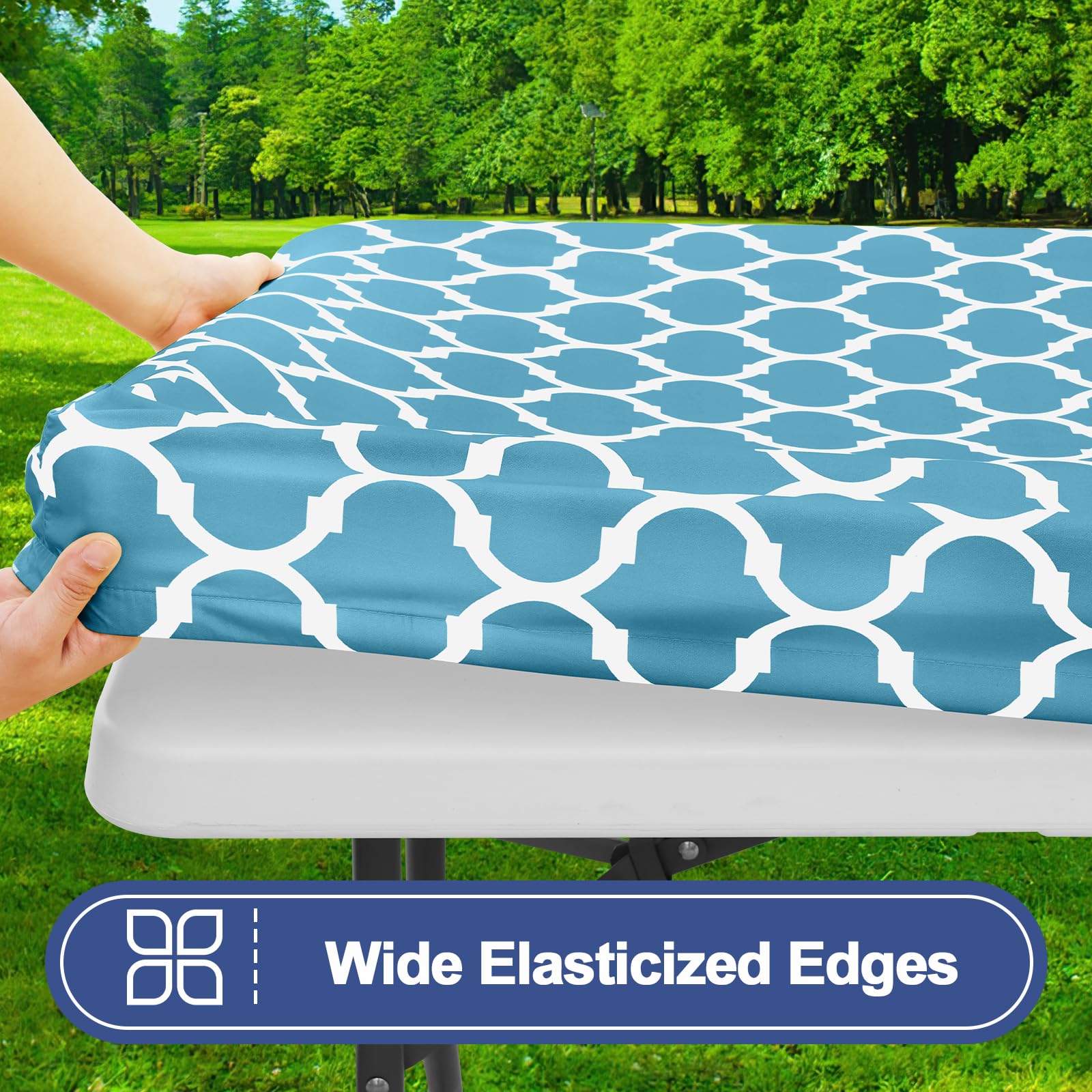 Light blue picnic table cover on a 96-inch table