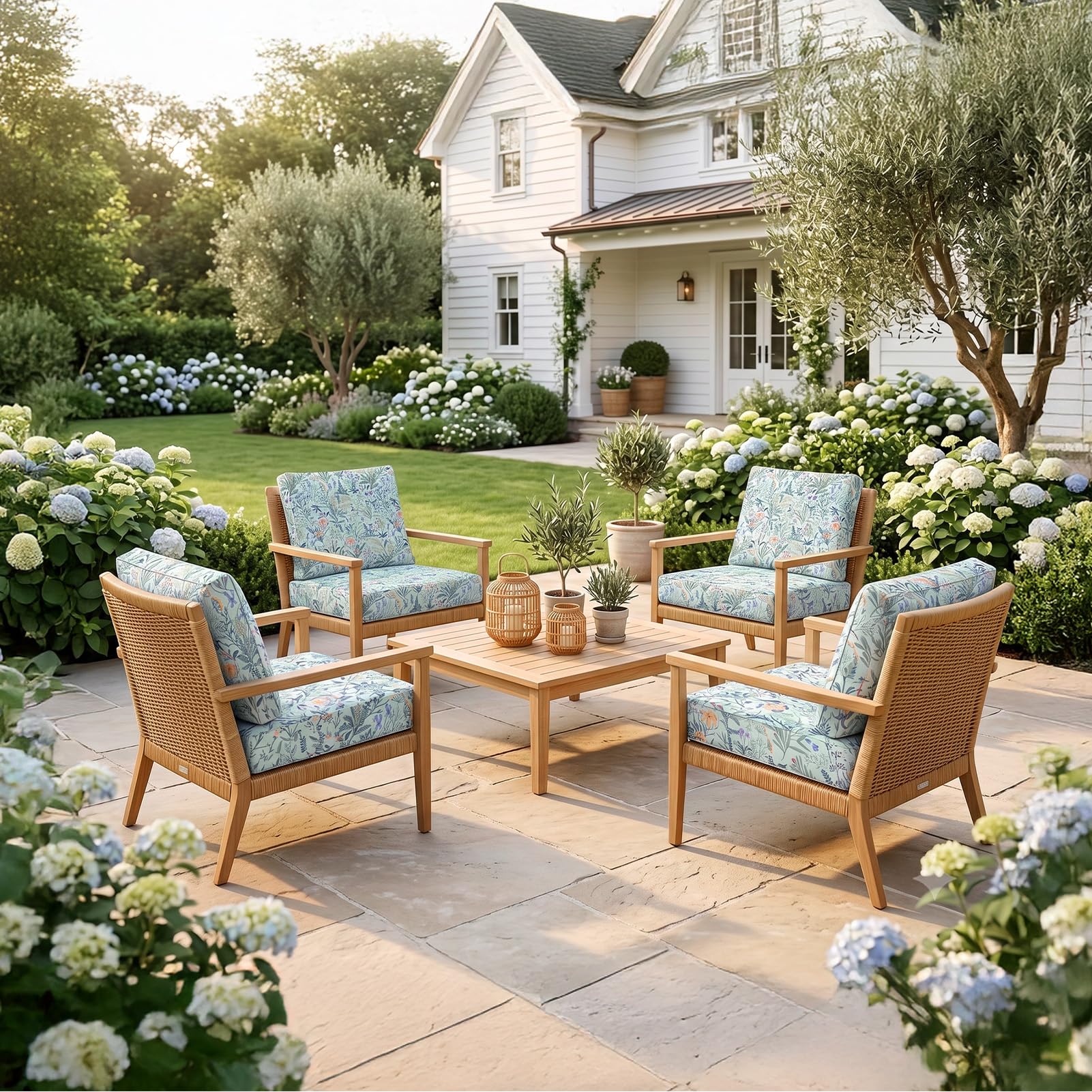Light cyan cushion covers on outdoor sofa, showing snug fit