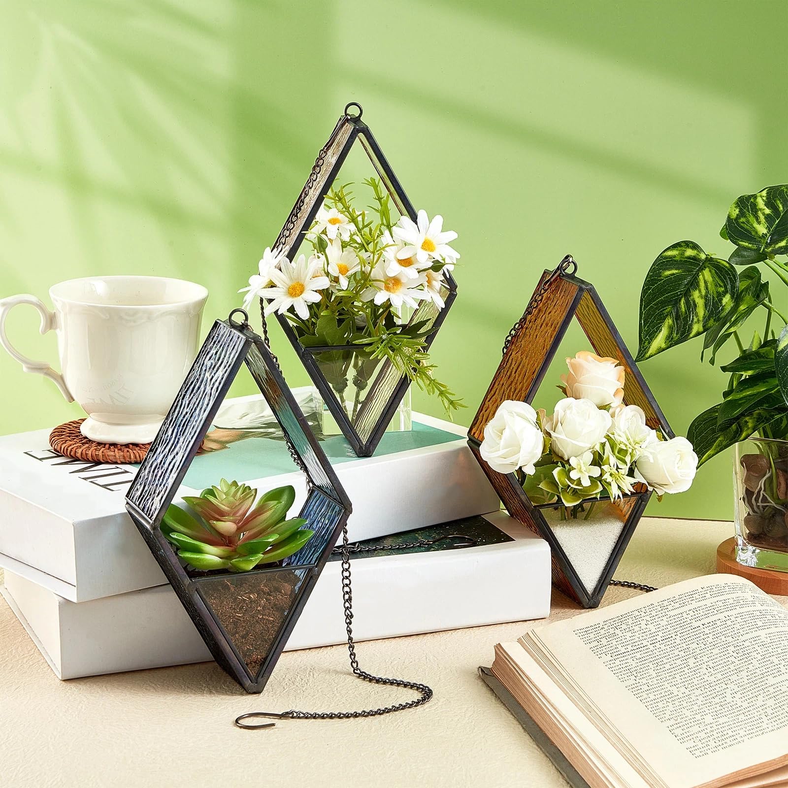 Light pink stained glass hanging planter with air plant