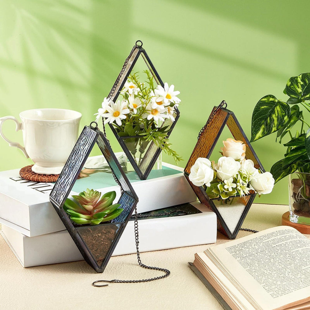 Light pink stained glass hanging planter with air plant