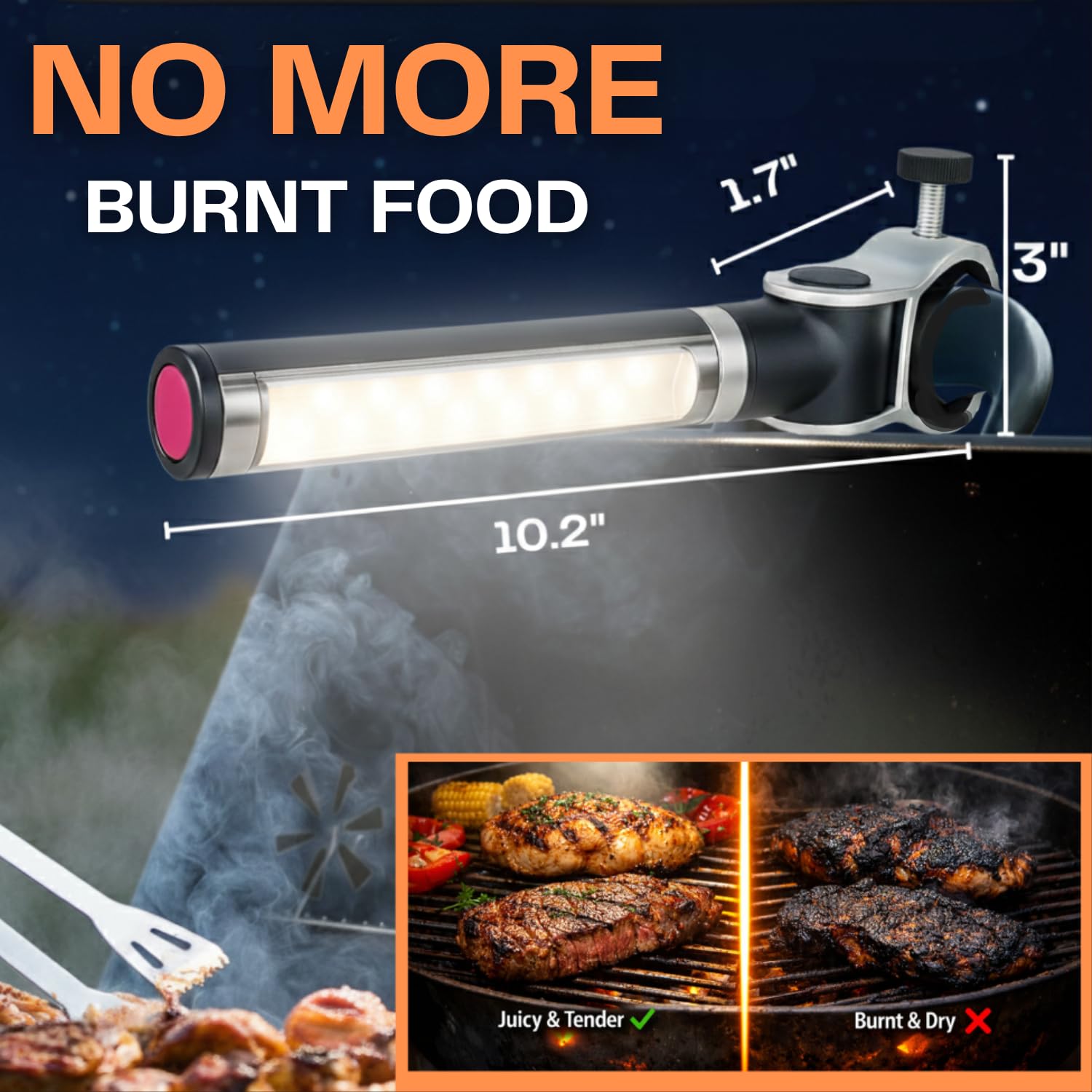 LIGHTACCENTS LED BBQ Grill Light showing compact size next to a grill handle