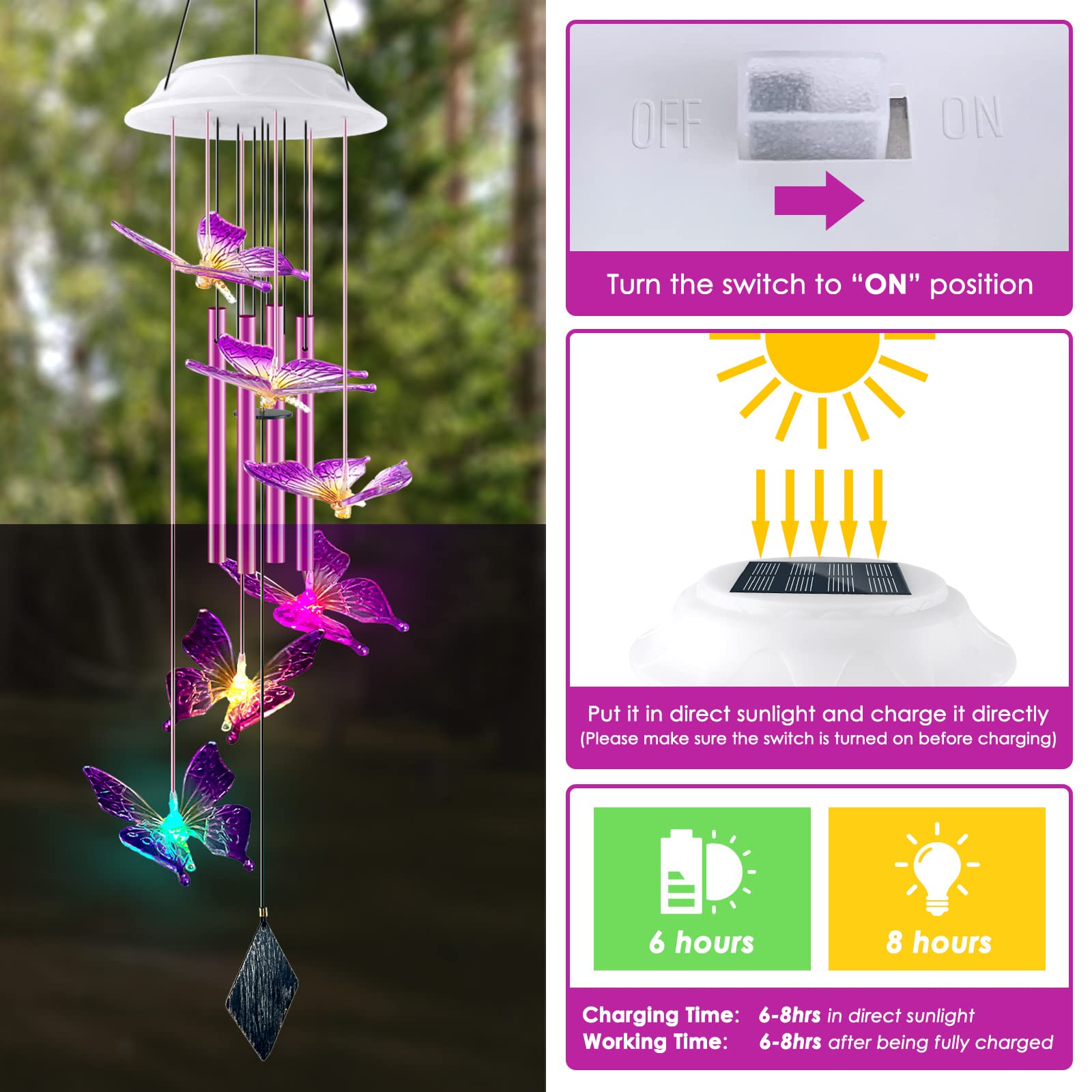 Lightalent Solar Butterfly Wind Chime illuminated at night with vibrant colours