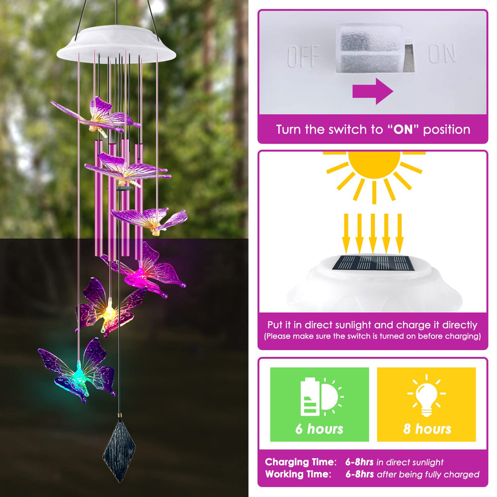 Lightalent Solar Butterfly Wind Chime illuminated at night with vibrant colours