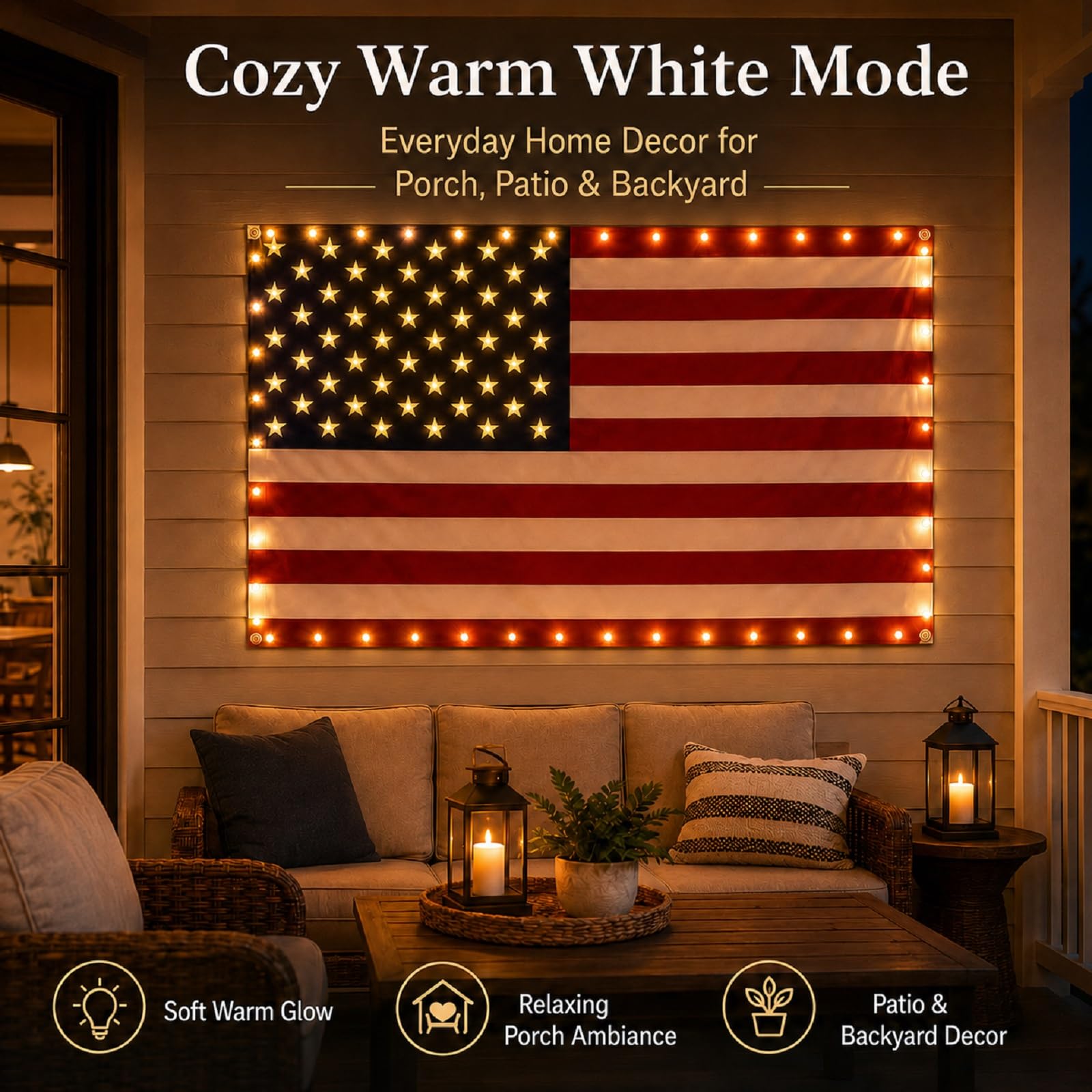 Lighted American Flag 3x5 FT displayed on a porch