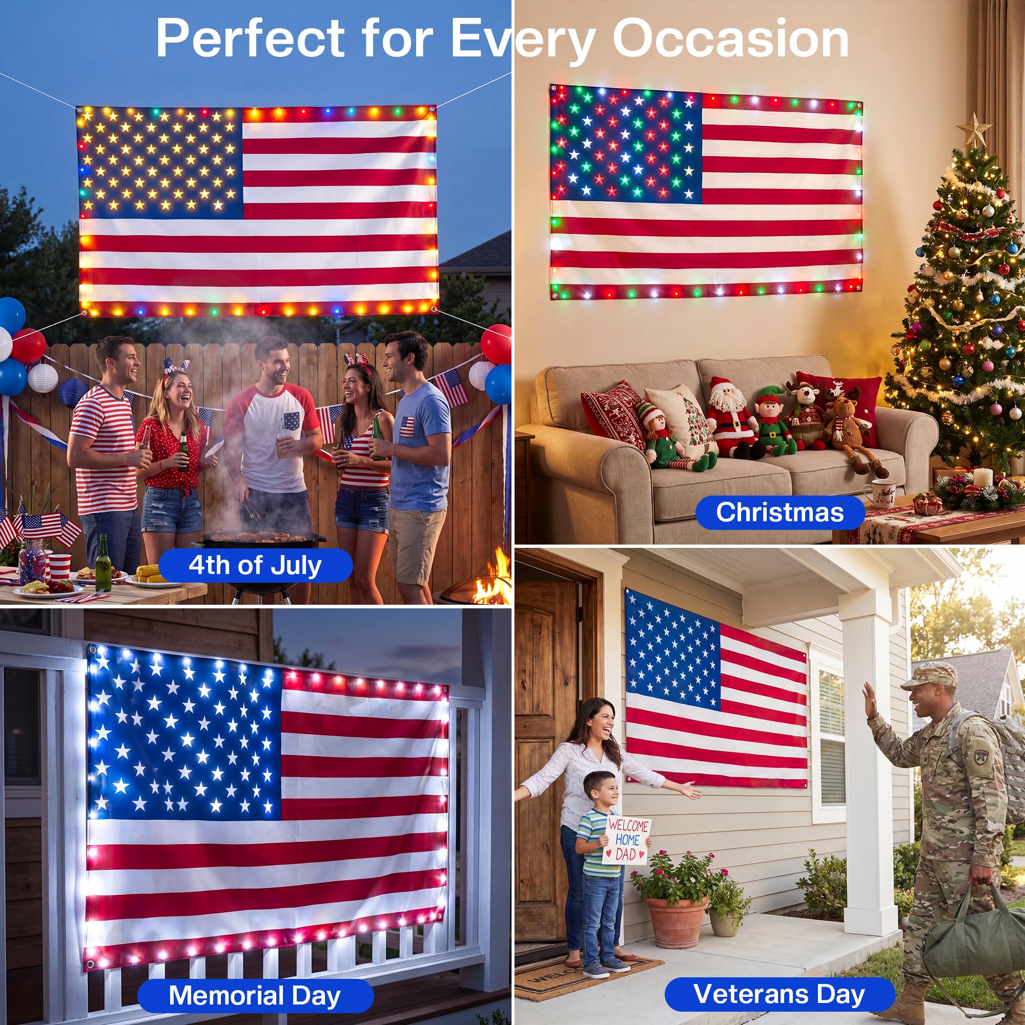 Lighted American Flag during Christmas with warm white lighting