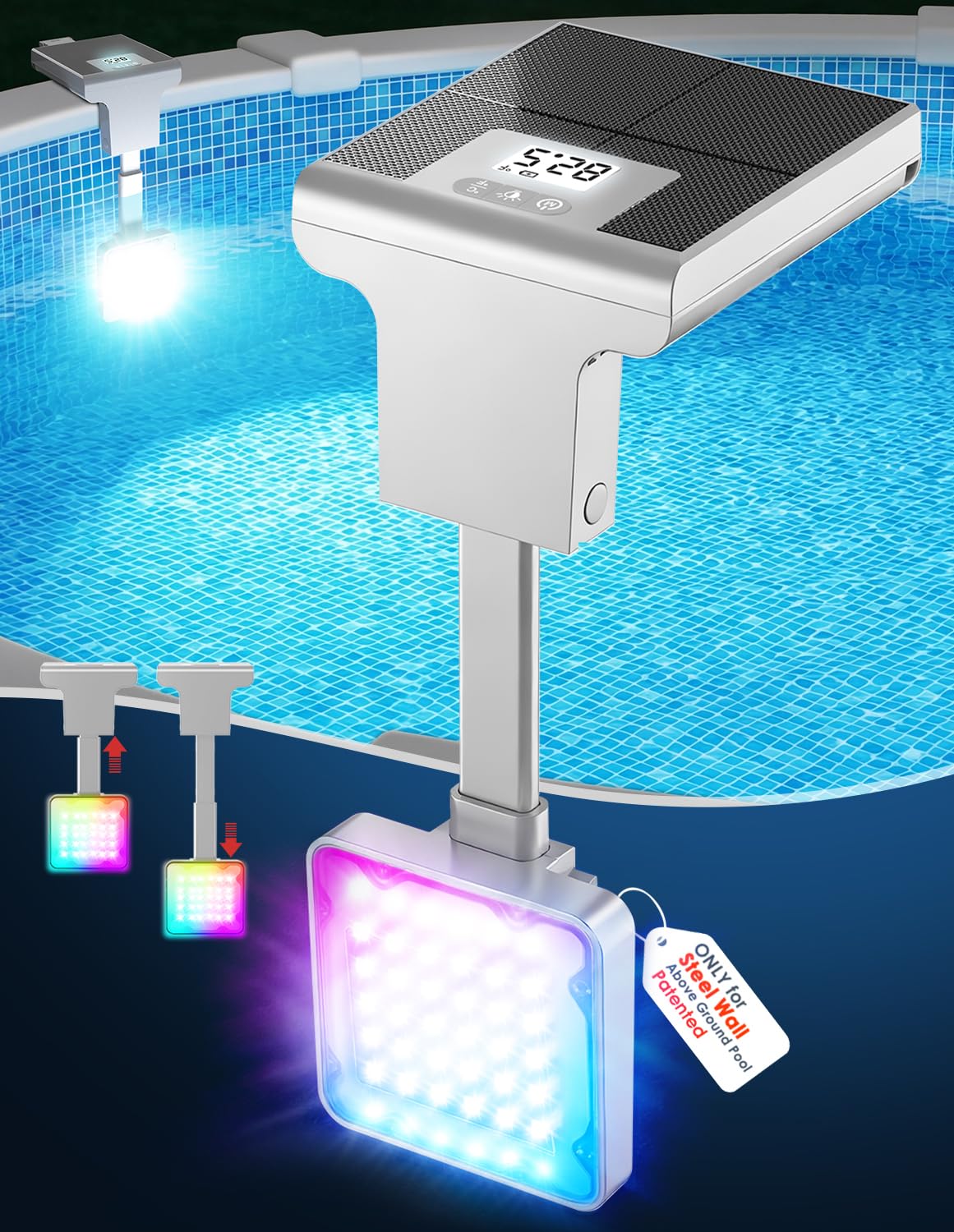 LightHacker Solar Pool Light front view with LCD display