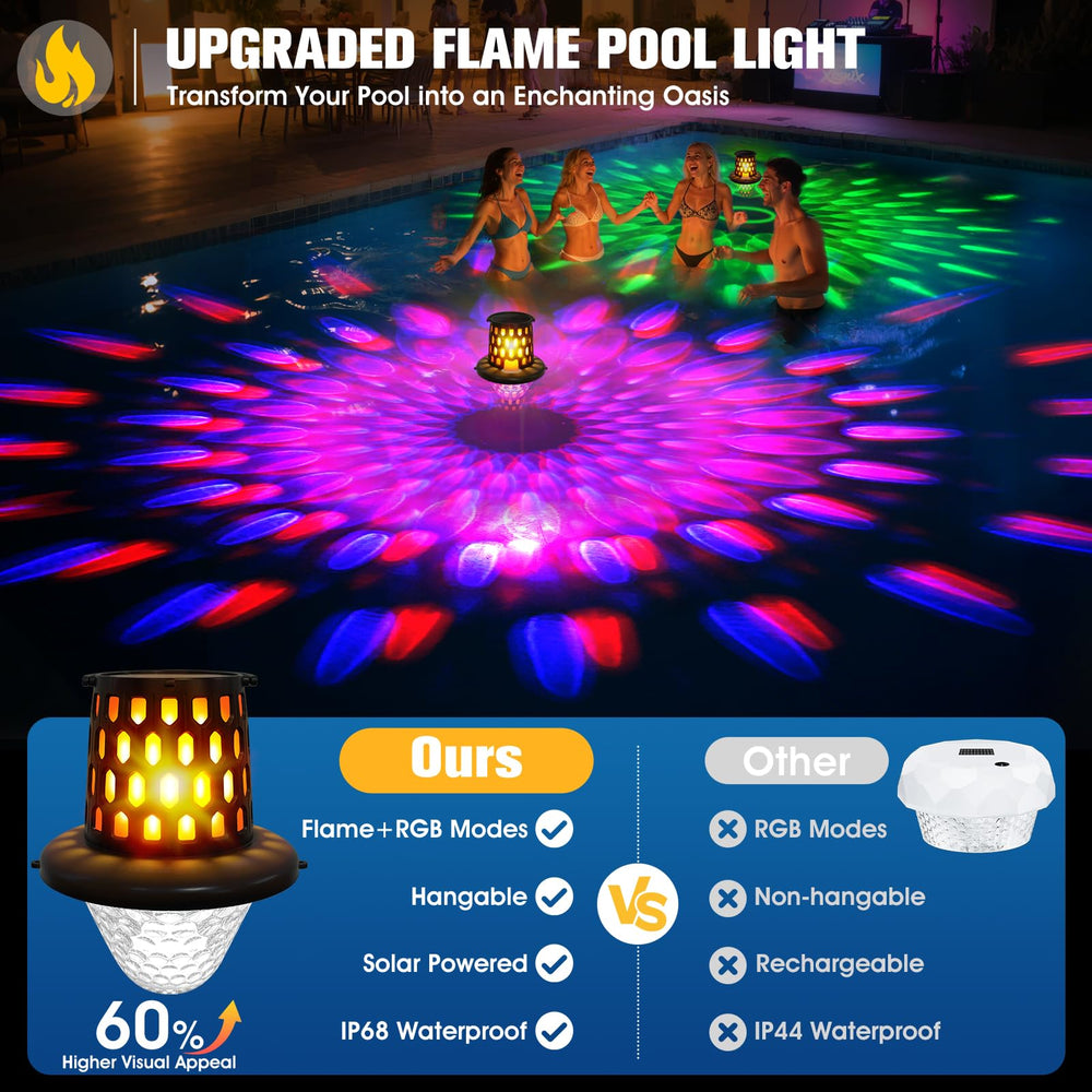 LightHacker solar powered pool lights glowing in a nighttime setting